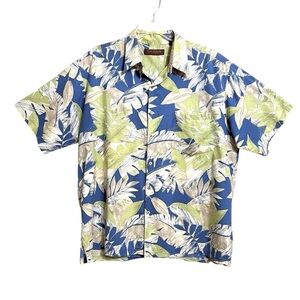 Tori Richard Leaf Print Hawaiian Mens Shirt L Blue Green Tropical Resortwear